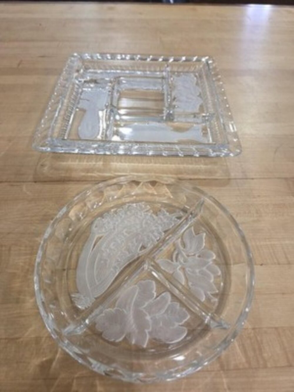 Vintage Clear Frosted Glass Divided Relish Trays Intaglio Fish Fruit Set 2